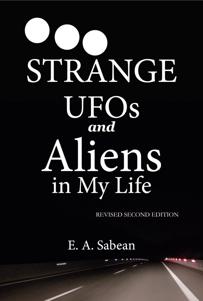 Strange UFOs and Aliens book cover with white title text on a dark night time highway with three white lights in the sky