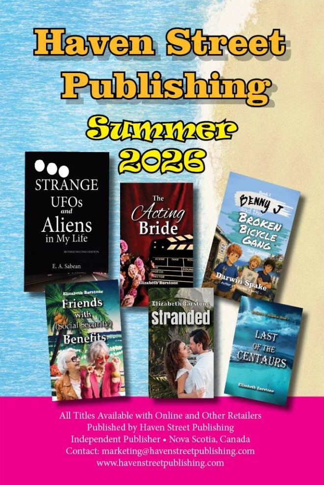 Haven Street Pubulishing Summer 2026 in bold orang and yellow font, with a selection of six books spread against a beach background, with a pink banner on the bottom containing puublisher information