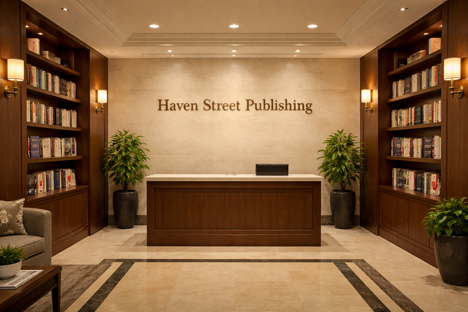 Office lobby with the words Haven Street Publishing on the wall
