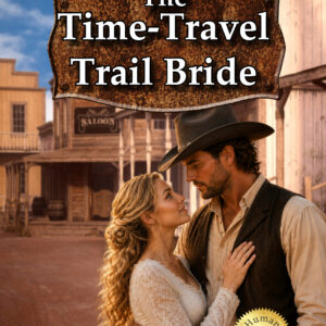 A modern woman embracing a cowboy from the 1880s with a background of a pioneer town