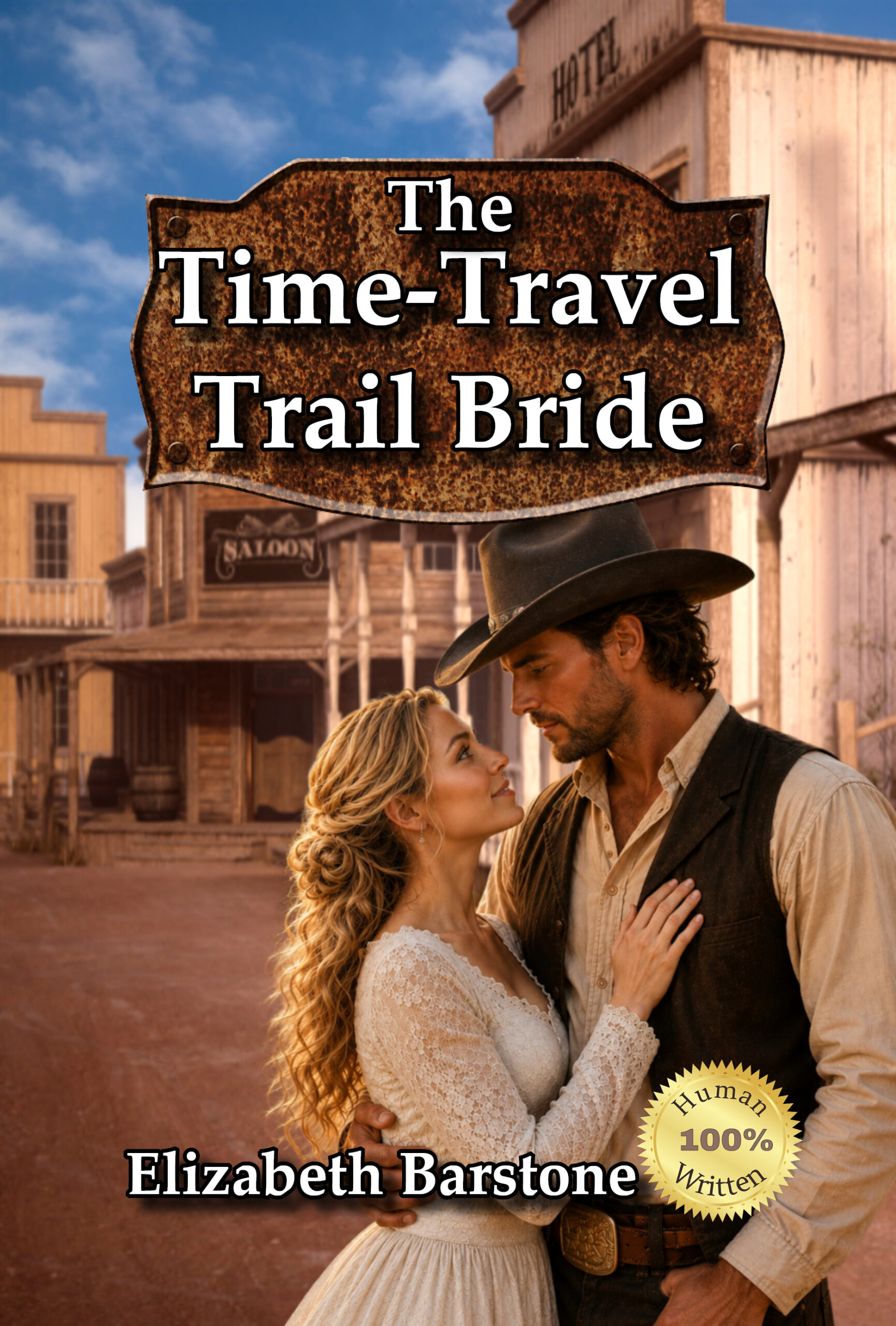 A modern woman embracing a cowboy from the 1880s with a background of a pioneer town